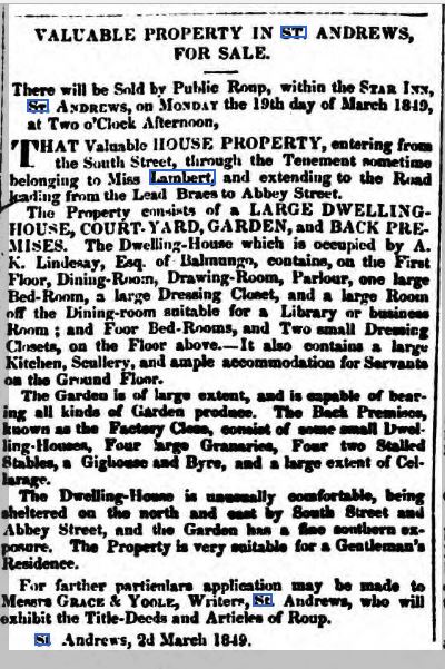 1849 South Street House formerly belonging to Miss Lambert for sale by public roup, Fife Herald